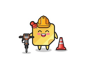 road worker mascot of sticky notes holding drill machine