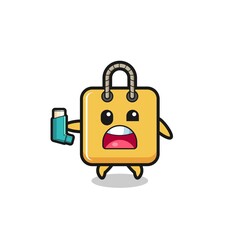 shopping bag mascot having asthma while holding the inhaler