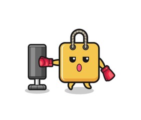 shopping bag boxer cartoon doing training with punching bag