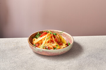 Pasta with cheese in a pink plate on a white background