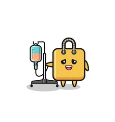 cute shopping bag character standing with infusion pole