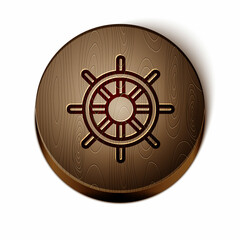 Obraz premium Brown line Ship steering wheel icon isolated on white background. Wooden circle button. Vector
