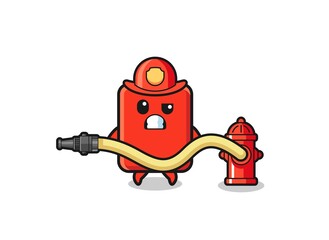 red card cartoon as firefighter mascot with water hose