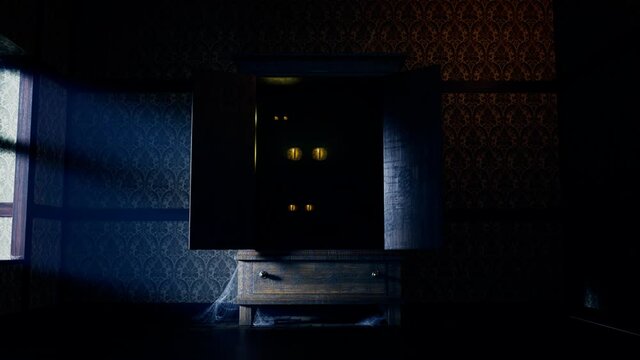 A horror scene with monsters in the wardrobe. Dark scary room. Mystery.