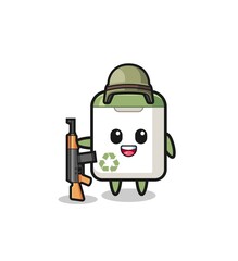 cute trash can mascot as a soldier