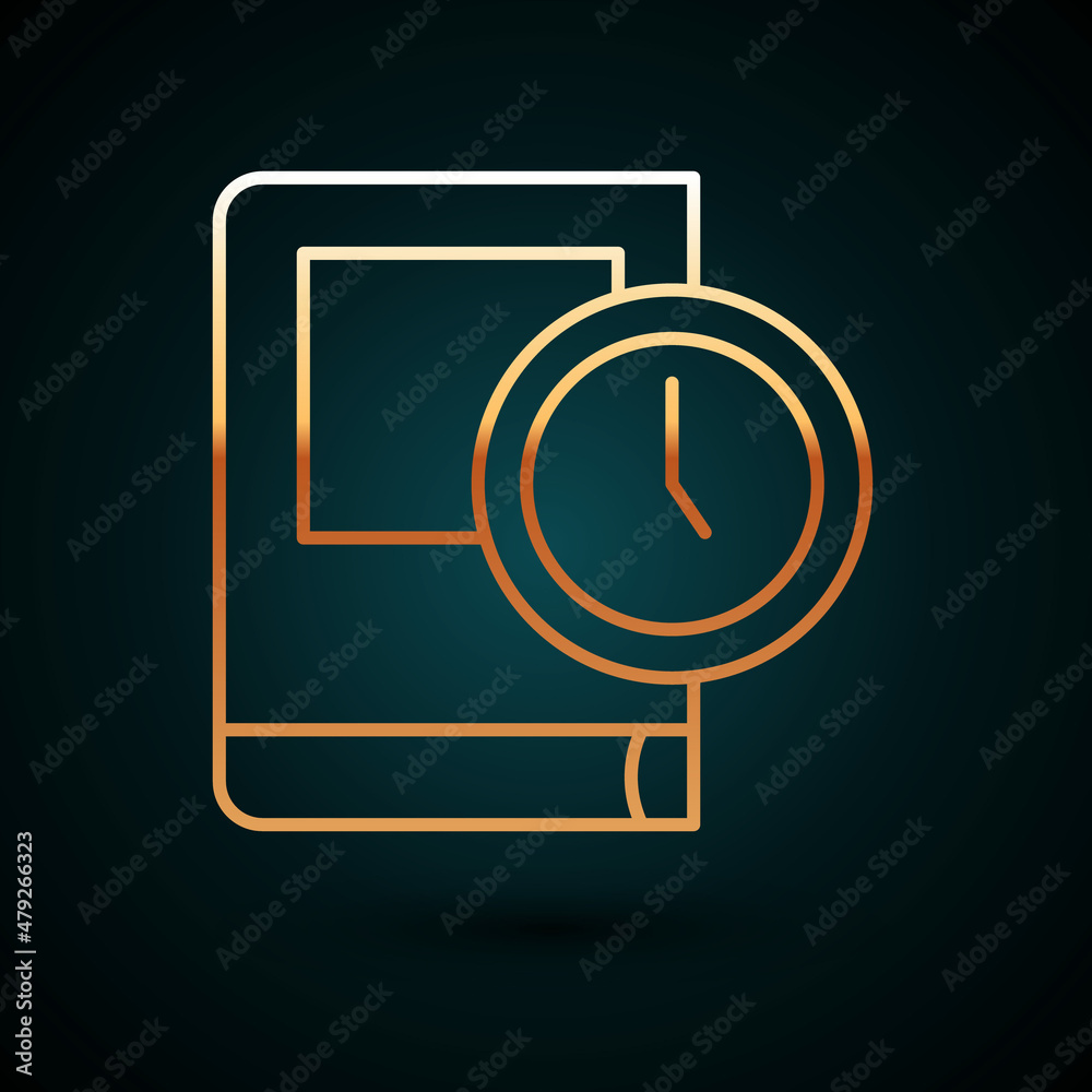 Wall mural gold line time for book icon isolated on dark blue background. vector