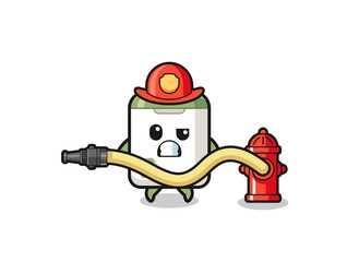 trash can cartoon as firefighter mascot with water hose