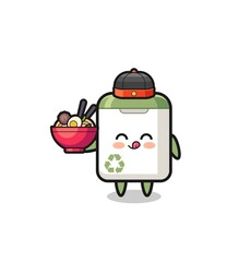trash can as Chinese chef mascot holding a noodle bowl