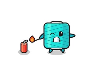 yarn spool mascot illustration playing firecracker