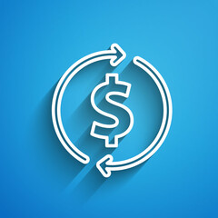 White line Financial growth and dollar coin icon isolated on blue background. Increasing revenue. Long shadow. Vector