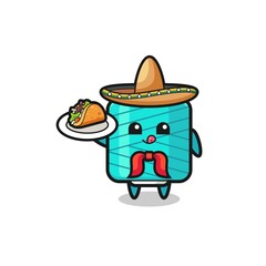 yarn spool Mexican chef mascot holding a taco