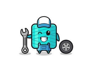 the yarn spool character as a mechanic mascot