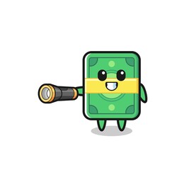 money mascot holding flashlight