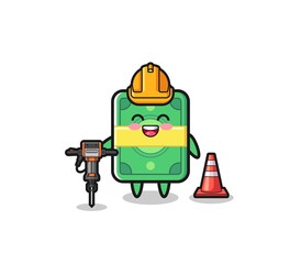 road worker mascot of money holding drill machine