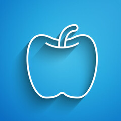 White line Apple icon isolated on blue background. Excess weight. Healthy diet menu. Fitness diet apple. Long shadow. Vector