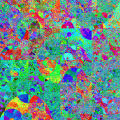Imagen de arte digital fractal compuesto de figuras geométricas aglomeradas formando un mosaico psicodélico de colores fosforescentes.