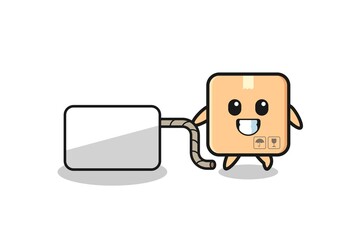 cardboard box cartoon is pulling a banner