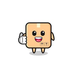 cardboard box mascot doing thumbs up gesture