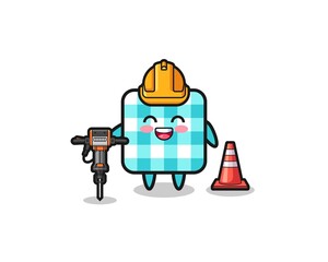 road worker mascot of checkered tablecloth holding drill machine