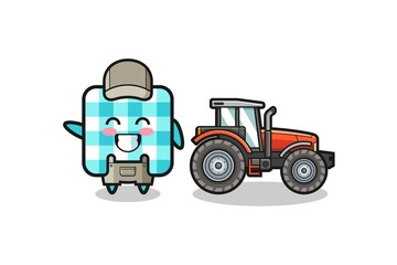 the checkered tablecloth farmer mascot standing beside a tractor