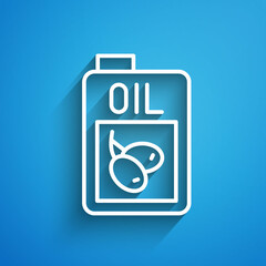 White line Bottle of olive oil icon isolated on blue background. Jug with olive oil icon. Long shadow. Vector