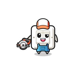 the woodworker light switch mascot holding a circular saw