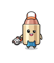 the woodworker bullet mascot holding a circular saw