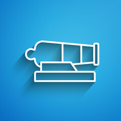 White line Cannon icon isolated on blue background. Long shadow. Vector