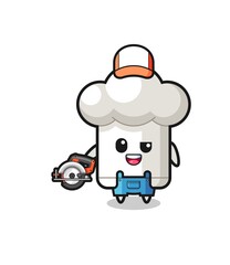 the woodworker chef hat mascot holding a circular saw