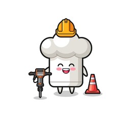 road worker mascot of chef hat holding drill machine