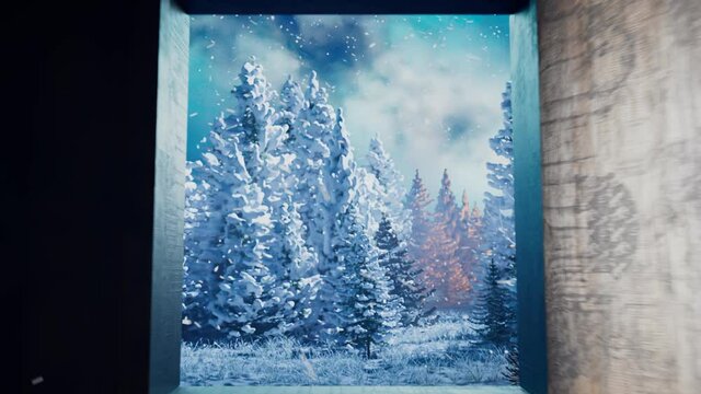 Secret passage in an old wooden wardrobe. Winter wonderland. Beautiful landscape