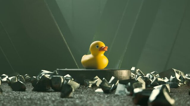 Rubber duck in industrial environment. Pneumatic press try to squash up a toy