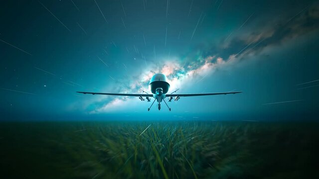 Small high-wing aircraft flying over a field under a glowing night neb