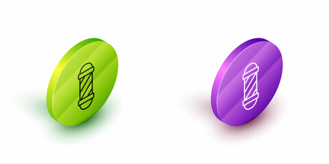 Isometric line Classic Barber shop pole icon isolated on white background. Barbershop pole symbol. Green and purple circle buttons. Vector