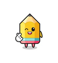 pencil character doing Korean finger heart