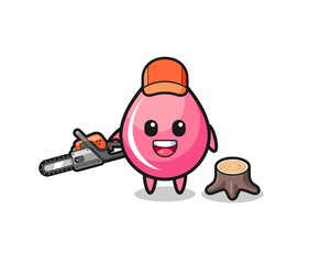 strawberry juice drop lumberjack character holding a chainsaw