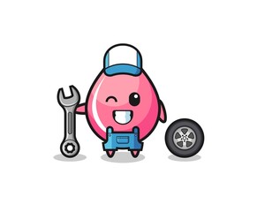 the strawberry juice drop character as a mechanic mascot