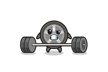 Fototapeta na wymiar cartoon of car wheel lifting a barbell