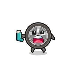 car wheel mascot having asthma while holding the inhaler