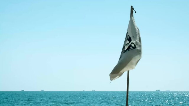 A white flag is placed on the beach looking out to the blue sea during the day, with the wind blowing the flag.