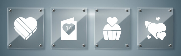 Set Heart, Wedding cake with heart, Valentines day flyer with heart and Candy in heart shaped box. Square glass panels. Vector