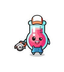 the woodworker laboratory beaker mascot holding a circular saw