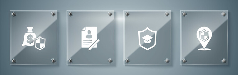 Set Location shield, Graduation cap with, Document and Money. Square glass panels. Vector