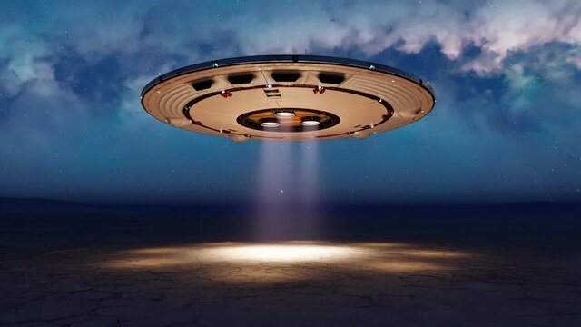 Alien invasion Circular shiny metal flying saucer over the empty desert at night