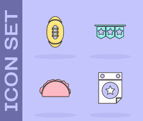 Set Calendar with date July 4, American Football ball, Taco tortilla and Carnival garland flags icon. Vector