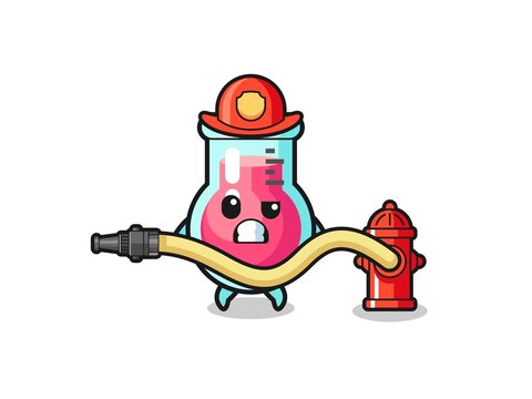 laboratory beaker cartoon as firefighter mascot with water hose