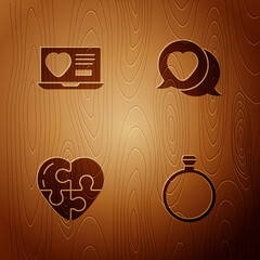 Set Diamond engagement ring, Dating app online, Heart and speech bubble on wooden background. Vector