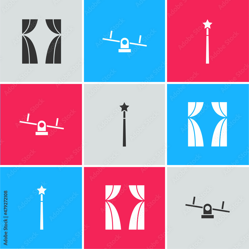 Canvas Prints Set Circus curtain raises, Seesaw and Magic wand icon. Vector