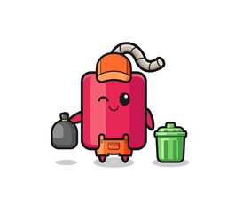 the mascot of cute dynamite as garbage collector