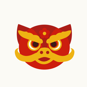Isolated cartoon flat red and yellow Chinese Lion Dance head drawing